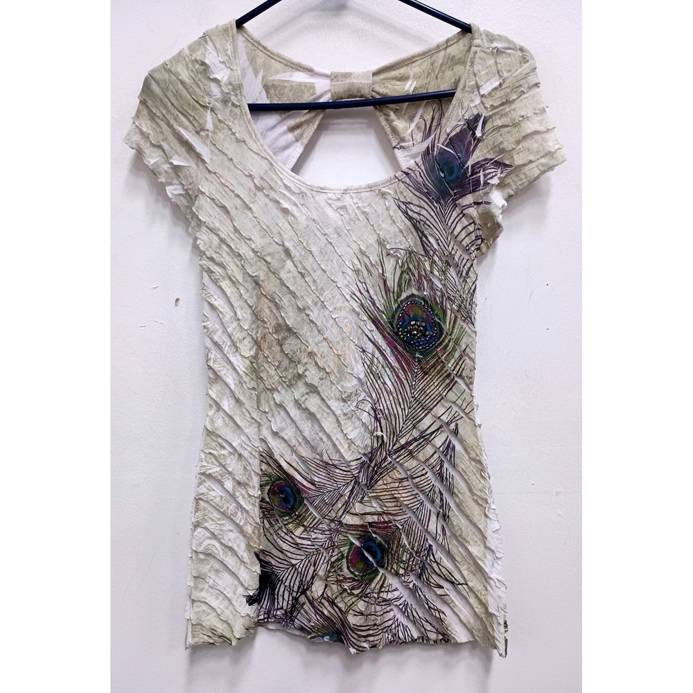 VTG Y2K Studio Y Peacock Graphic Top Womens M Gray Beaded Ruffle Short Sleeve